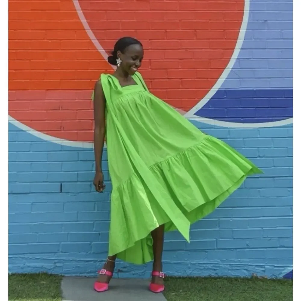 Christopher John Rogers Dress Womens Small Green Strap Tie Midi Babydoll A-Line - Picture 2 of 16